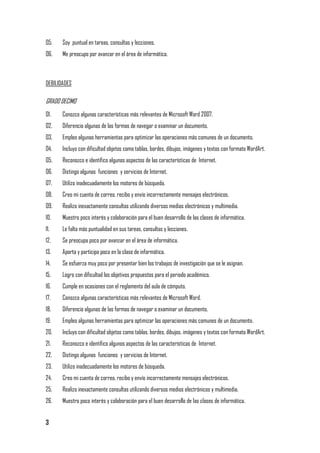 05.    Soy puntual en tareas, consultas y lecciones.
06.    Me preocupo por avanzar en el área de informática.



DEBILIDADES

GRADO DECIMO
01.    Conozco algunas características más relevantes de Microsoft Word 2007.
02.    Diferencio algunas de las formas de navegar o examinar un documento.
03.    Empleo algunas herramientas para optimizar las operaciones más comunes de un documento.
04.    Incluyo con dificultad objetos como tablas, bordes, dibujos, imágenes y textos con formato WordArt.
05.    Reconozco e identifico algunos aspectos de las características de Internet.
06.    Distingo algunas funciones y servicios de Internet.
07.    Utilizo inadecuadamente los motores de búsqueda.
08.    Creo mi cuenta de correo, recibo y envío incorrectamente mensajes electrónicos.
09.    Realizo inexactamente consultas utilizando diversos medios electrónicos y multimedia.
10.    Muestro poco interés y colaboración para el buen desarrollo de las clases de informática.
11.    Le falta más puntualidad en sus tareas, consultas y lecciones.
12.    Se preocupa poco por avanzar en el área de informática.
13.    Aporta y participa poco en la clase de informática.
14.    Se esfuerza muy poco por presentar bien los trabajos de investigación que se le asignan.
15.    Logro con dificultad los objetivos propuestos para el periodo académico.
16.    Cumple en ocasiones con el reglamento del aula de cómputo.
17.    Conozco algunas características más relevantes de Microsoft Word.
18.    Diferencio algunas de las formas de navegar o examinar un documento.
19.    Empleo algunas herramientas para optimizar las operaciones más comunes de un documento.
20.    Incluyo con dificultad objetos como tablas, bordes, dibujos, imágenes y textos con formato WordArt.
21.    Reconozco e identifico algunos aspectos de las características de Internet.
22.    Distingo algunas funciones y servicios de Internet.
23.    Utilizo inadecuadamente los motores de búsqueda.
24.    Creo mi cuenta de correo, recibo y envío incorrectamente mensajes electrónicos.
25.    Realizo inexactamente consultas utilizando diversos medios electrónicos y multimedia.
26.    Muestro poco interés y colaboración para el buen desarrollo de las clases de informática.


3
 