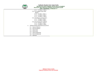 Institución Educativa Rural Antonio Nariño
PRE-ESCOLAR, BASICA PRIMARIA, BACHILLERATO ACADEMICO
Reconocido Según Resolución N°01490 del 16 de noviembre de 2007
DANE: N°286320000395 – NIT846.003.711-1
Sabiduría, Ciencia y triunfo
Inspección de Buenos Aires, Orito Putumayo
5.2.1.3. De Base10 a Base16
5.2.2. De cualquier base a base
Binario
5.2.2.1. De Base2 a Base10
5.2.2.2. De Base8 a Base10
5.2.2.3. De Base16 a Base10
5.2.3. De Binario a potencia de 2
5.2.3.1. De Base2 a Base8
5.2.3.2. De Base2 a Base16
5.2.4. De potencia de 2 a Binario.
5.2.4.1. De Base8 a Base2
5.2.4.2. De Base10 a Base2
6. OPERACIONES ARITMETICAS EN PC.
6.1. Suma de Binarios.
6.2. Resta de Binarios
6.3. Suma Octal.
6.4. Resta Octal.
6.5. Suma Hexadecimal.
6.6. Resta Hexadecimal.
6.7. Ejercicios.
 
