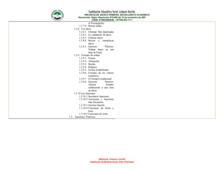 Institución Educativa Rural Antonio Nariño
PRE-ESCOLAR, BASICA PRIMARIA, BACHILLERATO ACADEMICO
Reconocido Según Resolución N°01490 del 16 de noviembre de 2007
DANE: N°286320000395 – NIT846.003.711-1
Sabiduría, Ciencia y triunfo
Inspección de Buenos Aires, Orito Putumayo
el Portapapeles
1.2.7.8. Borrar celdas
1.2.8. Los datos
1.2.8.1. Eliminar filas duplicadas
1.2.8.2. La validación de datos
1.2.8.3. Ordenar datos
1.2.8.4. Buscar y reemplazar
datos
1.2.8.5. Ejercicio Práctico:
Validar datos en una
hoja de Excel.
1.2.9. Formato de celdas
1.2.9.1. Fuente.
1.2.9.2. Alineación.
1.2.9.3. Bordes
1.2.9.4. Rellenos
1.2.9.5. Estilos predefinidos
1.2.9.6. Formato de los valores
numéricos.
1.2.9.7. El formato condicional
1.2.9.8. Ejercicio Práctico:
Aplicar formato
condicional a una lista
de datos.
1.2.10.Las funciones
1.2.10.1.Introducir funciones
1.2.10.2.Autosuma y funciones
más frecuentes
1.2.10.3.Insertar función
1.2.10.4.Funciones de fecha y
hora
1.2.10.5.Funciones de texto
1.3. Ejercicios Prácticos.
 