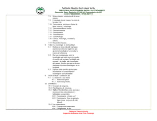 Institución Educativa Rural Antonio Nariño
PRE-ESCOLAR, BASICA PRIMARIA, BACHILLERATO ACADEMICO
Reconocido Según Resolución N°01490 del 16 de noviembre de 2007
DANE: N°286320000395 – NIT846.003.711-1
Sabiduría, Ciencia y triunfo
Inspección de Buenos Aires, Orito Putumayo
7.8. Macro ciencia: precursorade la tecno
ciencia.
7.9. Cronología de un fracaso: la crisis de
los años ’60.
7.10. Tecnociencia: una nueva forma de
hacer ciencia y tecnología.
7.11. Tecnomatemáticas ciencia.
7.12. Tecnoastronomía.
7.13. Tecnoquímica
7.14. Tecnomedicina
7.15. Tecnobiología
7.16. Ciencia, tecnología, sociedad y
cultura
7.17. Desarrollos futuros
8. Taller: La tecnología en mi localidad.
8.1. Realiza un ensayo donde expliques
aspectos positivos y negativos que
aportala tecnología a la sociedad a
través de la historia.
8.2. Haz una comparación entre la
tecnología que existe entre tu vereda,
el pueblo más cercano, la ciudad más
cercana y la ciudad más tecnológica
del mundo. Explica por qué se da este
fenómeno de atraso tecnológico en tu
localidad.
8.3. Explica cómo puedes aportar para
incrementar los conocimientos
tecnológicos en tu localidad.
9. INDUSTRIA Y COMERCIO
9.1. La industria y sus clases.
9.1.1. Industrias ligeras
9.1.2. Industrias pesadas.
10. EMPRESA
10.1. Concepto de empresa.
10.2. Clasificación de empresas.
10.3. Taller: Meidentifico como personay
reconozco mis conocimientos y
habilidades comerciales.
10.3.1.Cuestionario: ¿Quién soy?
10.3.2.Cuestionario: Que me gustaría
hacer como proyecto devida
laboral.
10.4. Los comerciantes
10.4.1.Concepto de comerciante
10.4.2.Obligaciones de los
 