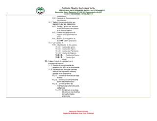 Institución Educativa Rural Antonio Nariño
PRE-ESCOLAR, BASICA PRIMARIA, BACHILLERATO ACADEMICO
Reconocido Según Resolución N°01490 del 16 de noviembre de 2007
DANE: N°286320000395 – NIT846.003.711-1
Sabiduría, Ciencia y triunfo
Inspección de Buenos Aires, Orito Putumayo
comerciantes
10.4.3.Licencia de funcionamiento de
una empresa.
10.5. Taller: Pautas paradiseñar una
PROPUESTA DE NEGOCIO.
10.5.1.Diseño y aplico una encuesta
en mi Institución para conocer
de la idea de negocio.
10.5.2.Elaboro una propuestade
negocio en el procesador de
texto.
10.5.3.Realizo el cronograma de
GANTT parala propuesta.
10.6. Las Cuentas T.
10.6.1.Clasificación de las cuentas.
10.6.1.1.Cuentas del activo.
10.6.1.2.Cuentas del Pasivo.
10.6.1.3.Cuentas del Patrimonio
10.6.1.4.Cuentas de Ingresos.
10.6.1.5. Cuentas de Gastos.
10.6.1.6. Cuentas por
cobrar.
11. Taller: Calculo la viabilidad de la
propuestadenegocio.
11.1.Diseño el comprobante de
apertura No. 001 de la propuesta.
11.2.Utilizando los tipos de cuentas
calculo los ingresos,costos y
gastos de la propuesta.
11.2.1. Diseño el formato de caja
menor.
11.2.2. Diseño el comprobante
diario de contabilidad.
11.2.3. Diseño el libro de
inventarios y balances para
cada mes.
11.2.3.1.Construyo en la hoja
de cálculo los diseños
de los formatos
anteriores.
 