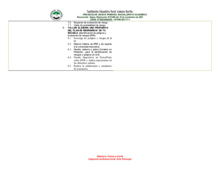 Institución Educativa Rural Antonio Nariño
PRE-ESCOLAR, BASICA PRIMARIA, BACHILLERATO ACADEMICO
Reconocido Según Resolución N°01490 del 16 de noviembre de 2007
DANE: N°286320000395 – NIT846.003.711-1
Sabiduría, Ciencia y triunfo
Inspección de Buenos Aires, Orito Putumayo
7.2. Esquema de evaluación de riesgo.
7.3. Tabla de probabilidad de riesgo.
8. TALLER: ELABORA UNA PROPUESTA
DEL PLAN DE EMERGENCIA DE TU
ESCUELA (Identificación de peligros y
evaluación de riesgos IPER).
8.1. Investiga los peligros y riesgos de la
IE.
8.2. Elabora folletos de IPER y los reparte
a la comunidad educativa.
8.3. Diseña, elabora y aplica formatos en
Publisher, para la identificación de
riesgos y peligros en la IE.
8.4. Diseña diapositiva en PowerPoint
sobre IPER y realiza exposiciones en
los diferentes salones.
8.5. Realiza la señalización y simulacros
de evacuación.
 