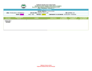 Institución Educativa Rural Antonio Nariño
PRE-ESCOLAR, BASICA PRIMARIA, BACHILLERATO ACADEMICO
Reconocido Según Resolución N°01490 del 16 de noviembre de 2007
DANE: N°286320000395 – NIT846.003.711-1
Sabiduría, Ciencia y triunfo
Inspección de Buenos Aires, Orito Putumayo
PLAN DE ASIGNATURA
UNIDAD TEMATICA: PÁGINAS WEB
ÁREA: TECNOLOGIA E INFORMATICA JEFE DE AREA: ERNESTO ORTIZ LLORI AÑO LECTIVO: 2014
GRADO: DECIMO I.H.S.: TRES PERIODO: CUARTO COMPONENTE Y/O ESTANDAR: TECNOLOGIA Y SOCIEDAD
ESTÁNDAR
COMPETENCIAS
B-C-LG
SABERES DESEMPEÑOS
ACTIVIDADES
DE ENSEÑANZA
ACTIVIDADES DE
APRENDIZAJE
ACTIVIDADES DE
EVALUACIÓN
TECNOLOGIA Y
SOCIEDAD
1.  
 