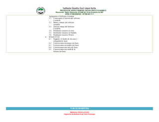 Institución Educativa Rural Antonio Nariño
PRE-ESCOLAR, BASICA PRIMARIA, BACHILLERATO ACADEMICO
Reconocido Según Resolución N°01490 del 16 de noviembre de 2007
DANE: N°286320000395 – NIT846.003.711-1
Sabiduría, Ciencia y triunfo
Inspección de Buenos Aires, Orito Putumayo
Apliquemos el Software Cocodrile.
5.1. Conozcamos el entorno del software
Cocodrile.
5.2. Barras y menús del software
cocodrile.
5.3. Área de trabajo del Software
Cocodrile.
5.4. Diseñemos circuitos en serie.
5.5. Diseñemos circuitos en Paralelo.
5.6. Diseñemos circuitos Mixtos.
6. MAQUETAS
6.1. Hagamos el diseño de una casa y
coloquémosle luces
6.2. Construyamos un parque con luces.
6.3. Construyamos un estadio con luces.
6.4. Construyamos una casa con luces.
6.5. Construyamos una rueda de la
fortuna con luces.
PLAN DE ASIGNATURA
 