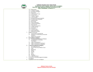 Institución Educativa Rural Antonio Nariño
PRE-ESCOLAR, BASICA PRIMARIA, BACHILLERATO ACADEMICO
Reconocido Según Resolución N°01490 del 16 de noviembre de 2007
DANE: N°286320000395 – NIT846.003.711-1
Sabiduría, Ciencia y triunfo
Inspección de Buenos Aires, Orito Putumayo
1.31. Darle Interés
1.32. Un Bonito Acabado
1.33. Dar Vuelta a la Página
1.34. Decoración
1.35. El Momento del Texto
1.36. Correr el velo
1.37. Tapadito, Tapadito…
1.38. TextoAnimado
1.39. Más ideas para efectos especiales
1.40. La estación de la Animación
1.41. Desplazamiento
1.42. Movimiento
1.43. Ahora todos juntos
1.44. AnimaciónAutomática
1.45. Hacer una lista
1.46. Animacióna sumanera
1.47. Un libro animado
1.48. Interacción
1.49. Comparar notas
1.50. Ahora todos juntos
1.51. Mantener un contador
2. Hagamos un proyecto
2.1. Construyamos el sistema solar.
2.2. Diseñemos y construyamos un sistemade
semáforos.
2.3. Hagamos más ejemplos.
3. Herramientas tecnológicas
3.1. Conceptos de herramientas tecnológicas.
3.2. aplicabilidadde herramientas
tecnológicas.
3.3. ¿Qué es un documento?
3.4. ¿Qué es un documento electrónico?
3.5. ¿Qué es un documento compartido?
4. Clases de herramientas tecnológicas.
4.1. Procesadores de texto:
4.2. Word, Power Point, Publisher,Excel.
4.3. Flash
4.4. Blackboard
4.5. Webex
4.6. Moodle
4.7. JClic
4.8. BLOG
4.9. WebQuest
4.10. ¿Qué es una Wiki?
5. Uso racional e irracional de algunas herramientas
tecnológicas.
6. Legalidadde los servicios tecnológicos.
 