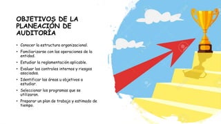 OBJETIVOS DE LA
PLANEACIÓN DE
AUDITORÍA
• Conocer la estructura organizacional.
• Familiarizarse con las operaciones de la
entidad.
• Estudiar la reglamentación aplicable.
• Evaluar los controles internos y riesgos
asociados.
• Identificar las áreas u objetivos a
estudiar.
• Seleccionar los programas que se
utilizaran.
• Preparar un plan de trabajo y estimado de
tiempo.
 