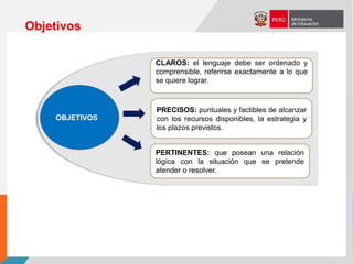OBJETIVOS
CLAROS: el lenguaje debe ser ordenado y
comprensible, referirse exactamente a lo que
se quiere lograr.
PRECISOS: puntuales y factibles de alcanzar
con los recursos disponibles, la estrategia y
los plazos previstos.
PERTINENTES: que posean una relación
lógica con la situación que se pretende
atender o resolver.
Objetivos
 