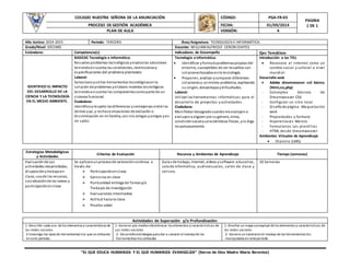 COLEGIO NUESTRA SEÑORA DE LA ANUNCIACIÓN CÓDIGO: PGA-FR-03
PAGINA
1 DE 1PROCESO DE GESTIÓN ACADÉMICA FECHA: 01/09/2014
PLAN DE AULA VERSIÓN: 4
“EL QUE EDUCA HUMANIZA Y EL QUE HUMANIZA EVANGELIZA” (Sierva de Dios Madre María Berenice)
Año lectivo: 2014-2015 Periodo: TERCERO Área/Asignatura: TECNOLOGÍA E INFORMÁTICA
Grado/Nivel: DÉCIMO Docente: WILLIAMALFREDO CERON CHATES
Estándares Competencia(s) Indicadores de Desempeño Ejes Temáticos
IDENTIFICO EL IMPACTO
DEL DESARROLLO DE LA
CIENCIA Y LA TECNOLOGÍA
EN EL MEDIO AMBIENTE.
BASICAS Tecnología e Informática:
Resuelvo problemas tecnológicos yevalúolas soluciones
teniendoencuenta las condiciones, restriccionesy
especificaciones del problema planteado.
Laboral:
Seleccionoyutilizo herramientas tecnológicasenla
solución de problemas yelaboro modelos tecnológicos
teniendoencuenta los componentescomoparte de un
sistema funcional.
Ciudadana:
Identificoyrespeto lasdiferencias ysemejanzas entre los
demás yyo, y rechazosituaciones de exclusión o
discriminación en mi familia, con mis amigas yamigos yen
mi salón.
Tecnología e informática:
 Identificar yformuloproblemaspropios del
entorno, susceptibles de ser resueltos con
solucionesbasadasenla tecnología.
 Proponer, analizar ycomparar diferentes
solucionesa unmismo problema, explicando
su origen, desventajasydificultades.
Laboral:
Utilizar las herramientas informáticas para el
desarrollo de proyectos y actividades.
Ciudadana:
Manifestar desagradocuandome excluyeno
excluyena alguien por sugénero, etnia,
condiciónsocialycaracterísticas físicas, ylo digo
respetuosamente.
Introducción a las TICs
 Reconoce el internet como un
cambio social y cultural a nivel
mundial.
Desarrollo web
 Adobe dreamweaver cs5 básico.
(html,css,php)
- Conceptos básicos de
Dreamweaver CS6
- Configurar un sitio local
- Diseñode página. Maquetación
web
- Propiedades y formato
- Hiperenlaces Marcos
- Formularios Las plantillas
- HTML desde Dreamweaver
Ambientes Virtuales de Aprendizaje
 Chamilo (LMS)
Estrategias Metodológicas
y Actividades
Criterios de Evaluación Recursos y Ambientes de Aprendizaje Tiempo (semanas)
Evaluaciónde Las
actividades desarrolladas,
disposiciónytrabajoen
clase, usode los recursos,
socializaciónde las tareas y
participaciónenclase.
Se aplicara unprocesode valoracióncontinua a
través de:
 Participaciónenclase.
 Ejercicios en clase
 Puntualidad entrega de Tareasy/o
Trabajos de investigación
 Evaluaciones intermedias
 Actitud hacia la clase
 Prueba saber
Guías de trabajo, internet, videos ysoftware educativo,
sala de informática, audiovisuales, salón de clase y
coliseo.
10 Semanas
Actividades de Superación y/o Profundización:
1-Describir cada uno delos elementos y características de
las redes sociales
2-Investigo los tipos de herramientas tics queseutilizaron
en este periodo.
1-Generar por medios electrónicos los elementos y características de
Las redes sociales
2- Desarrolloestrategias para dar a conocer elmanejode las
herramientas tics utilizadas
1-Diseñar un mapa conceptual delos elementos y características de
las redes sociales
2- Genero un tutorialenel manejo delas herramientas tics
manipuladas en esteperiodo
 