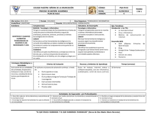 COLEGIO NUESTRA SEÑORA DE LA ANUNCIACIÓN CÓDIGO: PGA-FR-03
PAGINA
1 DE 1PROCESO DE GESTIÓN ACADÉMICA FECHA: 01/09/2014
PLAN DE AULA VERSIÓN: 4
“EL QUE EDUCA HUMANIZA Y EL QUE HUMANIZA EVANGELIZA” (Sierva de Dios Madre María Berenice)
Año lectivo: 2014-2015 Periodo: SEGUNDO Área/Asignatura: TECNOLOGÍA E INFORMÁTICA
Grado/Nivel: UNDÉCIMO Docente: WILLIAMALFREDO CERON CHATES
Estándares Competencia(s) Indicadores de Desempeño Ejes Temáticos
IDENTIFICO Y CLASIFICO
ELEMENTOS
TECNOLÓGICOS DE
ACUERDO A LAS
NECESIDADES Y USO.
BASICAS Tecnología e Informática:
Tengo encuenta principio de funcionamientoycriterios de
selecciónpara la utilizacióneficiente ysegura de
artefactos, productos, servicios, procesos ysistemas
tecnológicos de mi entorno.
Laboral:
Seleccionoyutilizo herramientas tecnológicasenla
solución de problemas yelaboro modelos tecnológicos
teniendoencuenta los componentescomoparte de un
sistema funcional.
Ciudadana:
Identificoyrespeto lasdiferencias ysemejanzas entre los
demás yyo, y rechazosituaciones de exclusión o
discriminación en mi familia, con mis amigas yamigos yen
mi salón.
Tecnología e Informática:
Integrar componentes yponer en marcha
sistemas informáticos personales
utilizandomanuales e instrucciones.
Laboral:
Manejar herramientastecnológicas y
equipos segúnlos procedimientos
previstos técnicamente.
Ciudadana:
Identificar las ocasionesenque mis
amigos/as o yo hemos hecho sentir mal a
alguien excluyéndolo, burlándonos o
poniéndole apodos ofensivos.
Introducción a las TICs
 La realidad virtual
 Virus informático
 Medios de comunicación en
internet
Desarrollo WEB
 OVA (Objetos Virtuales de
Aprendizaje)
 Blog
 Google Drive- TrabajoColaborativo
 Prezi
 Edición de video
 Posterini
Estrategias Metodológicas y
Actividades
Criterios de Evaluación Recursos y Ambientes de Aprendizaje Tiempo (semanas)
Evaluaciónde Las actividades
desarrolladas, disposicióny
trabajoenclase, uso de los
recursos, socializaciónde las
tareas yparticipación en
clase.
Se aplicara unprocesode valoracióncontinua a través
de:
 Participaciónenclase.
 Ejercicios en clase
 Puntualidad entrega de Tareasy/o Trabajos de
investigación
 Evaluaciones intermedias
 Actitud hacia la clase
 Prueba saber
Guías de trabajo, internet, videos y
software educativo, sala de informática,
audiovisuales, salón de clase y coliseo.
10 Semanas
Actividades de Superación y/o Profundización:
1-Describir cada uno delos elementos y características de
la realidad virtual
2-Investigo los tipos de herramientas tics queseutilizaron
en este periodo.
1-Generar por medios electrónicos los elementos y característicasde la
realidad virtual
2- Desarrolloestrategias para dar a conocer elmanejode las
herramientas tics utilizadas
1-Diseñar un mapa conceptual delos elementos y características de
la realidad virtual
2- Genero un tutorialenel manejo delas herramientas tics
manipuladas en este periodo
 
