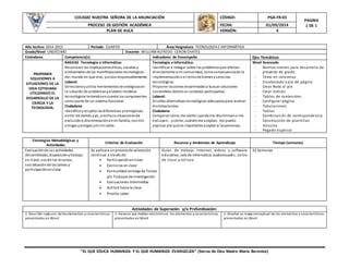 COLEGIO NUESTRA SEÑORA DE LA ANUNCIACIÓN CÓDIGO: PGA-FR-03
PAGINA
1 DE 1PROCESO DE GESTIÓN ACADÉMICA FECHA: 01/09/2014
PLAN DE AULA VERSIÓN: 4
“EL QUE EDUCA HUMANIZA Y EL QUE HUMANIZA EVANGELIZA” (Sierva de Dios Madre María Berenice)
Año lectivo: 2014-2015 Periodo: CUARTO Área/Asignatura: TECNOLOGÍA E INFORMÁTICA
Grado/Nivel: UNDÉCIMO Docente: WILLIAMALFREDO CERON CHATES
Estándares Competencia(s) Indicadores de Desempeño Ejes Temáticos
PROPONER
SOLUCIONES A
SITUACIONES DE LA
VIDA COTIDIANA
UTILIZANDO EL
DESARROLLO DE LA
CIENCIA Y LA
TECNOLOGÍA.
BASICAS Tecnología e Informática:
Reconozco las implicacioneséticas, sociales y
ambientales de las manifestaciones tecnológicas
del mundo en que vivo, yactúoresponsablemente.
Laboral:
Seleccionoyutilizo herramientas tecnológicasen
la solución de problemasyelaboro modelos
tecnológicos teniendoencuenta los componentes
como parte de un sistema funcional.
Ciudadana:
Identificoyrespeto lasdiferencias ysemejanzas
entre los demás yyo, yrechazo situacionesde
exclusióno discriminaciónenmi familia, conmis
amigas yamigos yen mi salón.
Tecnología e Informática:
Identificar e indagar sobre los problemasque afectan
directamente a mi comunidad, comoconsecuenciade la
implementacióno el retirode bienes yservicios
tecnológicos.
Proponer acciones encaminadasa buscar soluciones
sostenibles dentroun contexto participativo.
Laboral:
Diseñar alternativas tecnológicas adecuadaspara realizar
distintastareas.
Ciudadana:
Comparar cómo me siento cuandome discriminano me
excluyen... ycómo, cuándome aceptan. Así puedo
explicar por qué es importante aceptar a laspersonas.
Word Avanzado
- Normas Icontec para desarrollo de
proyecto de grado.
- Texto en columnas
- Encabezado y pie de página
- Crear Nota al pie
- Crear índices
- Tablas de contenidos
- Configurar página
- Tabulaciones
- Tablas
- Combinación de correspondencia
- Construcción de plantillas
- Vínculos
- Pegado especial
Estrategias Metodológicas y
Actividades
Criterios de Evaluación Recursos y Ambientes de Aprendizaje Tiempo (semanas)
Evaluaciónde Las actividades
desarrolladas, disposiciónytrabajo
en clase, usode los recursos,
socializaciónde las tareas y
participaciónenclase.
Se aplicara unprocesode valoración
continua a través de:
 Participaciónenclase.
 Ejercicios en clase
 Puntualidad entrega de Tareas
y/o Trabajos de investigación
 Evaluaciones intermedias
 Actitud hacia la clase
 Prueba saber
Guías de trabajo, internet, videos y software
educativo, sala de informática, audiovisuales, salón
de clase y coliseo.
10 Semanas
Actividades de Superación y/o Profundización:
1-Describir cada uno delos elementos y características
presentadas en Word
1-Generar por medios electrónicos los elementos y características
presentadas en Word
1-Diseñar un mapa conceptual de los elementos y características
presentadas en Word
 