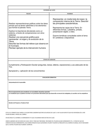 Actividades por sesión
Docente Estudiante
Realizar representaciones gráficas sobre las ideas
previas que se tienen referentes a los elementos
que forman el planeta Tierra.
Explicar la importancia del planeta como un
sistema, a través de comparaciones con otros
sistemas.
Realizar una secuencia gráfica para
representar el origen y la evolución de la
Tierra.
Describir las formas del relieve que observa en
el municipio.
Plantear ejemplo de la intervención humana
Representar, en media bola de icopor, la
composición interna de la Tierra. Describir
las principales características.
Representa las capas de la Tierra. En
diferentes formas, ( plastilina, pintado,
presentación digital, o video.
Expone temáticas consultadas sobre el tema
En carteleras o diapositivas
Criterios de evaluación
Cumplimiento y Participación Escolar (preguntas, tareas, talleres, exposiciones) y uso adecuado de las
Tics.
Apropiación y aplicación de los conocimientos
EVALUACION FORMATIVA
Autoevaluación de lo aprendido
Plan de mejoramiento para estudiantes con necesidades educativas especiales
Los estudiantes que no pudieron terminar se le presentara alternativas para que desarrolle un tema de los trabajados y lo socialice con los compañeros
Nombre del Proyecto o Producto Final:
ESTE ES EL FORMATO QUE VAMOS A UTILIZAR PARA ELABORAR NUESTRAS SECUENCIAS DE CLASE- SI HAY ALGUN ASPECTO QUE NO ENTIENDAN DE EL POR
FAVOR DECIRME A TRAVES DEL CORREO.
EN RECURSOS TIC, ESCRIBEN LA HERRAMIENTA TIC QUE UTILIZARIAN PARA DICTAR ESTA CLASE.
DEBEN ELABORAR UNA SECUENCIA DE CLASE, CON EL TEMA QUE PREFIERAN, TRATANDO DE UTILIZAR ALGUNA HERRAMIENTA TIC, A PESAR DE QUE NO
CONOCEN MUCHAS HERRAMIENTAS, SOLO DEBEN PENSAR EN QUE QUIESIERAN UTILIZAR Y PLANTER LA PREGUNTA EN LA BARRA DE GOOGLE, NO ES NECESARIO
QUE LA SEPAN UTILIZAR SOLO PLANEEN. EJEMPLOS:
 
