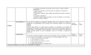 D: Escriba las operaciónes que mas timpo le tomo resolver y busque el resultado
manuealmente.
E: ¿Qué fue lo mas dificil a la hora de resolver las operaciones y seleccionar la
respuesta correcta?
F: Fue necesario simplificar algun resultado para poder poder selccionar la respuesta
correcta.
G: ¿Les gusto la experiencia?
H: Escriba en forma de ensayo lo apredido en la clase, describiendo con sus propias
palabras los conceptos repasados.
CIERRE
TRANSFERENCIA En esta etapa se fomentará las competencias ciudadanas puesto que se promoverá al debate y la
participación con responsabilidad, para la discusión de las conclusiones llegadas en las actividades
anteriores
Actividad
Forma un grupo máximo de 3, debata sobre la conclusión a la que llegaron en la actividad de
exploración del video juego, Finalizado el debate anterior socializa en clase la conclusión general a la
que han llegado y si la actividad de practica ejecución te deja ver que por medio de un video juego
también se puede aprender un tema de matemáticas como lo es la adición y sustracción de
fraccionarios.
Vocería
Participación
10
minutos
VALORACION
En esta etapa se socializará preguntas de aporte a la clase haciéndole sentir a los estudiantes que tiene
voz y voto dentro de su aprendizaje y que es dueño de este. Se le harán preguntas tales como:
 1. ¿Qué tal les pareció lo hecho en clases?
 2. ¿Que aprendieron en clases?
 3. ¿Que no te gusto de lo realizado en clases?
 4. ¿Tiene alguna sugerencia?
 5.¿jugarias este video juego en tus tiempos libres ?
Vocería
Participación
10 a 15
minutos
Estrategias Adicionales para atender las necesidades de los estudiantes
 