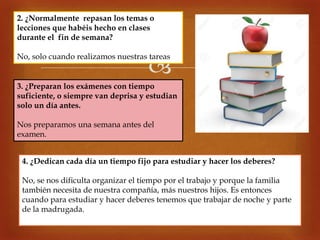 
2. ¿Normalmente repasan los temas o
lecciones que habéis hecho en clases
durante el fin de semana?
No, solo cuando realizamos nuestras tareas
3. ¿Preparan los exámenes con tiempo
suficiente, o siempre van deprisa y estudian
solo un día antes.
Nos preparamos una semana antes del
examen.
4. ¿Dedican cada día un tiempo fijo para estudiar y hacer los deberes?
No, se nos dificulta organizar el tiempo por el trabajo y porque la familia
también necesita de nuestra compañía, más nuestros hijos. Es entonces
cuando para estudiar y hacer deberes tenemos que trabajar de noche y parte
de la madrugada.
 