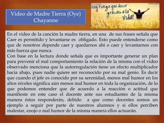 
Video de Madre Tierra (Oye)
Chayanne
En el video de la canción la madre tierra, en una de sus frases señala que
Caer es permitido y levantarse es obligado. Esto puede entenderse como
que de nosotros depende caer y quedarnos ahí o caer y levantarnos con
más fuerza que nunca.
Con base en la lectura donde señala que es importante generar un plan
para prevenir el mal comportamiento la relación de la misma con el video
observado menciona que la autorregulación tiene un efecto multiplicador
hacia abajo, pues nadie quiere ser reconocido por su mal genio. Es decir
que cuando el jefe es conocido por su serenidad, menos mal humor en los
altos niveles significa aún menos mal humor en toda la organización, de lo
que podemos entender que de acuerdo a la reacción o actitud que
manifieste en este caso el docente ante sus estudiantes de la misma
manera éstos responderán, debido a que como docentes somos un
ejemplo a seguir por parte de nuestros alumnos y si ellos perciben
malestar, enojo o mal humor de la misma manera ellos actuarán.
 