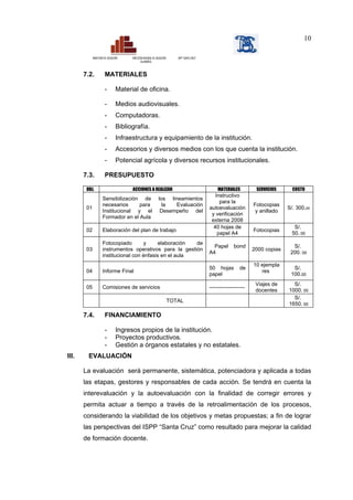 10

             MINISTERIO DE EDUCACIÓN    DIRECCIÓN REGIONAL DE EDUCACIÓN      ISPP “SANTA CRUZ”
                                               CAJAMARCA



       7.2.             MATERIALES

                        -         Material de oficina.

                        -         Medios audiovisuales.
                        -         Computadoras.
                        -         Bibliografía.
                        -         Infraestructura y equipamiento de la institución.
                        -         Accesorios y diversos medios con los que cuenta la institución.
                        -         Potencial agrícola y diversos recursos institucionales.

       7.3.             PRESUPUESTO

        OBJ.                            ACCIONES A REALIZAR                                          MATERIALES          SERVICIOS      COSTO
                                                                                                    Instructivo
                      Sensibilización de                        los lineamientos
                                                                                                      para la
                      necesarios     para                         la   Evaluación                                       Fotocopias
        01                                                                                       autoevaluación                       S/. 300.00
                      Institucional y el                         Desempeño del                                           y anillado
                                                                                                  y verificación
                      Formador en el Aula
                                                                                                  externa 2008
                                                                                                   40 hojas de                           S/.
        02            Elaboración del plan de trabajo                                                                   Fotocopias
                                                                                                     papel A4                           50. 00
                      Fotocopiado       y      elaboración de
                                                                                                   Papel      bond                      S/.
        03            instrumentos operativos para la gestión                                                           2000 copias
                                                                                                 A4                                    200. 00
                      institucional con énfasis en el aula
                                                                                                                        10 ejempla
                                                                                                 50 hojas         de                    S/.
        04            Informe Final                                                                                        res
                                                                                                 papel                                 100.00
                                                                                                                         Viajes de      S/.
        05            Comisiones de servicios                                                    --------------------
                                                                                                                         docentes     1000. 00
                                                                                                                                        S/.
                                                                          TOTAL
                                                                                                                                      1650. 00

       7.4.             FINANCIAMIENTO

                        -         Ingresos propios de la institución.
                        -         Proyectos productivos.
                        -         Gestión a órganos estatales y no estatales.
III.     EVALUACIÓN

       La evaluación será permanente, sistemática, potenciadora y aplicada a todas
       las etapas, gestores y responsables de cada acción. Se tendrá en cuenta la
       interevaluación y la autoevaluación con la finalidad de corregir errores y
       permita actuar a tiempo a través de la retroalimentación de los procesos,
       considerando la viabilidad de los objetivos y metas propuestas; a fin de lograr
       las perspectivas del ISPP “Santa Cruz” como resultado para mejorar la calidad
       de formación docente.
 
