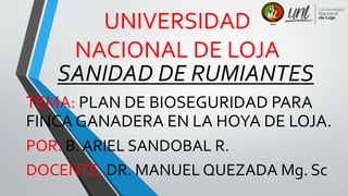 SANIDAD DE RUMIANTES
TEMA: PLAN DE BIOSEGURIDAD PARA
FINCA GANADERA EN LA HOYA DE LOJA.
POR: B. ARIEL SANDOBAL R.
DOCENTE: DR. MANUEL QUEZADA Mg. Sc
UNIVERSIDAD
NACIONAL DE LOJA
 