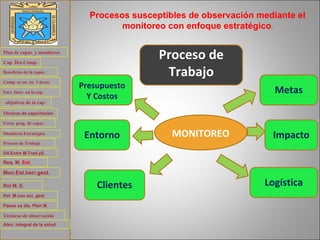 Procesos susceptibles de observación mediante el monitoreo con enfoque estratégico . Proceso de Trabajo Clientes Entorno Presupuesto Y Costos Logística Impacto Metas MONITOREO Plan de  capac . y monitoreo Cap .  Des.Comp . Beneficios de la  capac . Comp. se  est . en  3 áreas Fact . Inter. en la  cap . objetivos de la  cap . Técnicas de capacitación Form .  prog . de  capac . Monitoria Estratégica Proceso de Trabajo Req . M.  Est . Dif.Entre   M.Trad.yE . Mon.Est.herr.gest . Rol M. E.  Rel. M.con act. gest Pasos xa dis. Plan M. Técnicas de observación  Aten. integral de la salud 