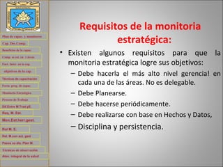 Requisitos de la monitoria estratégica: Existen algunos requisitos para que la monitoria estratégica logre sus objetivos: Debe hacerla el más alto nivel gerencia! en cada una de las áreas. No es delegable. Debe Planearse.  Debe hacerse periódicamente.  Debe realizarse con base en Hechos y Datos,  Disciplina y persistencia.  Plan de capac. y monitoreo Cap. Des.Comp . Beneficios de la capac. Comp. se est. en  3 áreas Fact. Inter. en la cap. objetivos de la cap. Técnicas de capacitación Form. prog. de capac. Monitoria Estratégica Proceso de Trabajo Req. M. Est . Dif.Entre M.Trad.yE. Mon.Est.herr.gest. Rol M. E.  Rel. M.con act. gest Pasos xa dis. Plan M. Técnicas de observación  Aten. integral de la salud 