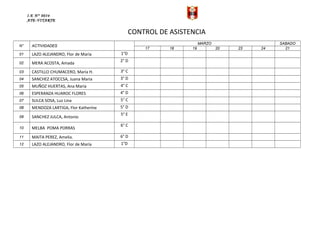 I.E N° 0034
ATE-VITARTE
CONTROL DE ASISTENCIA
N° ACTIVIDADES
MARZO SABADO
17 18 19 20 23 24 21
01 LAZO ALEJANDRO, Flor de María 1°D
02 MERA ACOSTA, Amada
2° D
03 CASTILLO CHUMACERO, María H. 3° C
04 SANCHEZ ATOCCSA, Juana Maria 3° D
05 MUÑOZ HUERTAS, Ana María 4° C
06 ESPERANZA HUAROC FLORES 4° D
07 SULCA SOSA, Luz Lina 5° C
08 MENDOZA LARTIGA, Flor Katheríne 5° D
09 SANCHEZ JULCA, Antonio
5° E
10 MELBA POMA PORRAS
6° C
11 MAITA PEREZ, Amelia. 6° D
12 LAZO ALEJANDRO, Flor de María 1°D
 