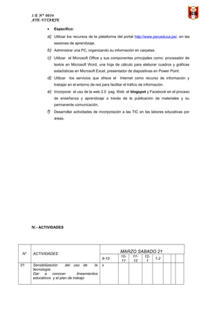 I.E N° 0034
ATE-VITARTE
• Específico:
a) Utilizar los recursos de la plataforma del portal http://www.perueduca.pe/, en las
sesiones de aprendizaje.
b) Administrar una PC, organizando su información en carpetas.
c) Utilizar el Microsoft Office y sus componentes principales como: procesador de
textos en Microsoft Word, una hoja de cálculo para elaborar cuadros y gráficas
estadísticas en Microsoft Excel, presentador de diapositivas en Power Point.
d) Utilizar los servicios que ofrece el Internet como recurso de información y
trabajar en el entorno de red para facilitar el tráfico de información.
e) Incorporar el uso de la web 2.0 pag. Web. el blogspot y Facebook en el proceso
de enseñanza y aprendizaje a través de la publicación de materiales y su
permanente comunicación.
f) Desarrollar actividades de incorporación a las TIC en las labores educativas por
áreas.
IV.- ACTIVIDADES
N° ACTIVIDADES
MARZO SABADO 21
9-10
10-
11
11-
12
12-
1
1-2
01 Sensibilización del uso de la
tecnología.
Dar a conocer lineamientos
educativos y el plan de trabajo
x
 