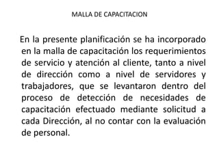 MALLA DE CAPACITACION

En la presente planificación se ha incorporado
en la malla de capacitación los requerimientos
de servicio y atención al cliente, tanto a nivel
de dirección como a nivel de servidores y
trabajadores, que se levantaron dentro del
proceso de detección de necesidades de
capacitación efectuado mediante solicitud a
cada Dirección, al no contar con la evaluación
de personal.

 