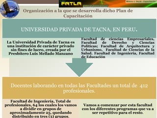 Organización a la que se desarrolla dicho Plan de
Capacitación
Docentes laborando en todas las Facultades un total de 412
profesionales.
Facultad de Ingeniería, Total de
profesionales, 64 los cuales los vamos
a dividir en grupos de
aproximadamente 25, quedando
distribuido en tres (3) grupos.
Vamos a comenzar por esta facultad
con los diferentes programas que va a
ser repetitivo para el resto.
UNIVERSIDAD PRIVADA DE TACNA, EN PERU.
La Universidad Privada de Tacna es
una institución de carácter privado
sin fines de lucro, creada por el
Presbítero Luis Mellado Manzano
Facultad de ciencias Empresariales,
Facultad de Derecho y Ciencias
Políticas; Facultad de Arquitectura y
Urbanismo, Facultad de Ciencias de la
Salud. Facultad de Ingeniería, Facultad
de Educación
 