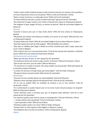 “Cuidar nuestro medio ambiente porque en éste tenemos vivencias con nuestros seres queridos y
con seres importantes como lo son las plantas” (Niños y niñas de Purificación, Tolima)
“Botar o arrojar las basuras a su adecuada caneca” (Niños de San Gil, Santander)
“El medio ambiente está sano, cuando el medio está limpio” (grupo de San Gil, Santander)
“No contaminar los lagos, fuentes y ríos” (niñas y niños del área urbana en Chiquinquirá, Boyacá)
“No malgastar el agua, apagar los focos, no quemar las basuras” (Niña de comunidad indígena en
Manaure)
Entornos
“Levantar la basura para que no haya malos olores” (Niña del área urbana en Chiquinquirá,
Boyacá)
“Me gustaría que hubiera más limpieza en el baño, en la cocina, en las mesas” (Niña del área rural
en Chiquinquirá, Boyacá)
“El parque debe estar limpio” (Niña de comunidad indígena de área urbana Manaure, Guajira -)
“Que haya espacio para que los niños jueguen” (Niña de Quibdó, área urbana.)
“Que haya un rodadero para llegar a donde las mamás, escaleras para subir y bajar, pasto para
correr” (niña en Bogotá.)
“Alzar la basura que uno u otras personas botan. Tratar de dar siempre buen ejemplo, no botando
basura” (Niña de la zona urbana de Chiquinquirá, Boyacá)
Convivencia social y salud mental
“Mejor que leer para conocer, es vivir” (grupo San Gil, Santander)
“Los profesores tienen que cantar la mejor canción: la del amor” (Niño de Purificación, Tolima)
“Que me den más amor, que me cuiden” (Niña en Manaure)
“Yo escuché en mi cuerpo mi corazón. Mi cuerpo estaba muy emocionado” (Niña participante de
la consulta en Andes, Antioquia)
“La señora me dice que no tenga miedo, que sienta alegría” (niño de Andes, Antioquia)
“Mi papá me lleva a la piscina honda” (Niño de San Gil, Santander)
Alimentación
“Consumir las cinco comidas diarias con responsabilidad” (niño de Purificación)
“Debemos comer pechuga, papa (no de paquete) frutas” (niña de San Gil, Santander)
“En mi casa no pueden faltar las ensaladas de verduras y eso es muy nutritivo” (niño de
Purificación, Tolima)
“En la alimentación se puede mejorar que no me sirvan mucho almuerzo porque me engordo”
(Niño de Chiquinquirá, Boyacá)
“Comer alimentos sanos y nutritivos para que no tengamos bajas defensas” (niña de la zona
urbana de San Gil, Santander)
“Las vitaminas ayudan a que nuestro cuerpo se mantenga bien” (niña de Purificación, Tolima)
“… comida caliente y bien preparada” (niña en Purificación, Tolima)
“…que el pescado no falte” (Niño de San Andrés)
“Hortalizas pueden ayudar a ser sanos” (Niña en Andes, Antioquia)
“Vender frutas” en estos espacios (niño indígena en Manaure, Guajira)
“Pero debemos lavar muy bien las verduras” (niña en Chiquinquirá, Boyacá)
Higiene
 