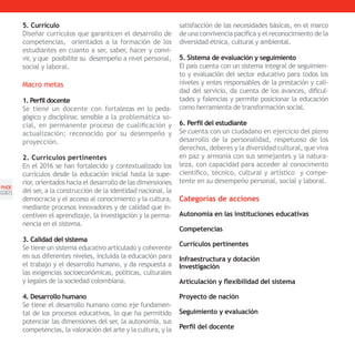 5. Currículo                                              satisfacción de las necesidades básicas, en el marco
       Diseñar currículos que garanticen el desarrollo de        de una convivencia pacífica y el reconocimiento de la
       competencias, orientados a la formación de los            diversidad étnica, cultural y ambiental.
       estudiantes en cuanto a ser, saber, hacer y convi-
       vir, y que posibilite su desempeño a nivel personal,      5. Sistema de evaluación y seguimiento
       social y laboral.                                         El país cuenta con un sistema integral de seguimien-
                                                                 to y evaluación del sector educativo para todos los
       Macro metas                                               niveles y entes responsables de la prestación y cali-
                                                                 dad del servicio, da cuenta de los avances, dificul-
       1. Perfil docente                                         tades y falencias y permite posicionar la educación
       Se tiene un docente con fortalezas en lo peda-            como herramienta de transformación social.
       gógico y disciplinar, sensible a la problemática so-
       cial, en permanente proceso de cualificación y            6. Perfil del estudiante
       actualización; reconocido por su desempeño y              Se cuenta con un ciudadano en ejercicio del pleno
       proyección.                                               desarrollo de la personalidad, respetuoso de los
                                                                 derechos, deberes y la diversidad cultural, que viva
       2. Currículos pertinentes                                 en paz y armonía con sus semejantes y la natura-
       En el 2016 se han fortalecido y contextualizado los       leza, con capacidad para acceder al conocimento
       currículos desde la educación inicial hasta la supe-      científico, técnico, cultural y artístico y compe-
       rior, orientados hacia el desarrollo de las dimensiones   tente en su desempeño personal, social y laboral.
PNDE
[22]   del ser, a la construcción de la identidad nacional, la
       democracia y el acceso al conocimiento y la cultura,      Categorías de acciones
       mediante procesos innovadores y de calidad que in-
       centiven el aprendizaje, la investigación y la perma-     Autonomía en las instituciones educativas
       nencia en el sistema.
                                                                 Competencias
       3. Calidad del sistema
                                                                 Currículos pertinentes
       Se tiene un sistema educativo articulado y coherente
       en sus diferentes niveles, incluida la educación para     Infraestructura y dotación
       el trabajo y el desarrollo humano, y da respuesta a       Investigación
       las exigencias socioeconómicas, políticas, culturales
       y legales de la sociedad colombiana.                      Articulación y flexibilidad del sistema

       4. Desarrollo humano                                      Proyecto de nación
       Se tiene el desarrollo humano como eje fundamen-
       tal de los procesos educativos, lo que ha permitido       Seguimiento y evaluación
       potenciar las dimensiones del ser, la autonomía, sus
       competencias, la valoración del arte y la cultura, y la   Perfil del docente
 