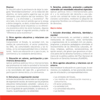 Disenso:                                                 5. Derechos, protección, promoción y población
       Se discutió sobre la pertinencia de dejar la cate-       vulnerable con necesidades educativas especiales
       goría “diversidad económica”, en la redacción del        Aplicar políticas intra e intersectoriales para
       objetivo, en tanto podría sugerirse que se está          el v y la restitución del derecho a una edu-
       afirmando como objetivo del eje temático “Ga-            cación con calidad de todos los grupos pobla-
       rantizar (…) la diversidad (…) económica”. Por           cionales vulnerables, mediante la adopción de
       otro lado, no es claro el sentido que se le otorga       programas flexibles con enfoques diferenciales
       a dicha categoría, es decir, si ésta hace referencia     de derechos.
       a la desigualdad social (injusticia) o a la diferen-
       cia económica entre los seres humanos. Algunos           Macro metas
       sugirieron acoger el segundo sentido y hablar de
       “diferencia socio-económica”.                            1. Inclusión diversidad, diferencia, identidad y
                                                                equidad
       2. Otros agentes educativos y relaciones con             Se han incrementado, en cantidad y calidad, las
       el entorno                                               instituciones de educación, entes territoriales
       Comprometer al Estado, la sociedad civil, los            y organizaciones de la sociedad civil con planes,
       medios de comunicación, el sector productivo,            programas y proyectos pedagógicos orientados al
       las ONG, las comunidades educativas y las fa-            reconocimiento de las diferencias culturales, ét-
       milias, en la corresponsabilidad intra e intersec-       nicas, religiosas, políticas, socioeconómicas, de
       torial, hacia una educación en y para la paz, la         opción sexual y de género que garanticen el ejer-
PNDE
[24]   convivencia y la ciudadanía democrática.                 cicio pleno de los derechos humanos y civiles en el
                                                                marco de la política pública del Plan Nacional de
       3. Educación en valores, participación y con-            Educación en Derechos Humanos (PLANEDH).
       vivencia democrática
       Aplicar políticas públicas intra e intersectoriales      2. Otros agentes educativos y relaciones con el
       que promuevan en toda la sociedad la formación           entorno
       e interiorización de valores humanos pertinentes         Para fortalecer la educación en y para la paz, la con-
       a las necesidades del siglo XXI, y garanticen la         vivencia y la ciudadanía, se han promovido estrate-
       participación democrática y la convivencia.              gias de articulación y corresponsabilidad entre:

       4. Estructura y organización escolar                        • Las entidades del Estado.
       Articular las instancias involucradas en los programas      • Los medios de comunicación masivos y
       de organización escolar, de manera que los proyectos          comunitarios.
       educativos institucionales consoliden culturas en y         • El sector productivo.
       para la paz, la convivencia y la ciudadanía, con énfa-      • La sociedad civil.
       sis en la igualdad de oportunidades, la tolerancia, el      • La comunidad educativa.
       respeto, la participación y la solidaridad.                 • Las familias.
 