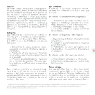 Campos:                                                                                         Ejes temáticos:
Se decidió trabajar en los cuatro campos propues-                                               A partir de las categorías, fue posible identifi-
tos por el Modelo General de Comunicación Pública                                               car ocho ejes temáticos en los cuales había que
para la planeación estratégica de un proceso de                                                 trabajar:
esta naturaleza: corporativo, donde se articula su
identidad y se administra la imagen que proyecta;                                               En relación con el ordenamiento del proceso:
informativo, donde se proporciona información de
calidad sobre su desarrollo y se garantiza su trans-                                                 1. Alineamiento del sector educativo con re-
parencia; organizacional, donde se construye y                                                       specto a la metodología escogida y a la impor-
comunica su coherencia y movilizador, donde se                                                       tancia de construir el Plan en forma colectiva.
convoca y se hace posible que sea participativo e                                                    2. Claridad y flexibilidad de la metodología.
incluyente.                                                                                          3. Coherencia en todas las etapas y acciones de
                                                                                                     la movilización.
Categorías:
Los problemas de comunicación que debían ser                                                    En relación con la participación efectiva:
resueltos por la metodología, fueron identifica-
dos primero en un Diagnóstico Rápido Participa-                                                      4. Seguimiento y verificación del cumplimiento de
tivo (DRP) 3 y luego clasificados en tres grandes                                                    compromisos.
categorías:                                                                                          5. Creación de escenarios accesibles e incluyentes
                                                                                                     para la deliberación.
     1. Ordenamiento del proceso (problemas relacio-                                                 6. Visibilidad de los actores participantes en el
     nados con la necesidad de estructurar y organizar la                                            debate público y reconocimiento de sus campos
                                                                                                                                                                                          PNDE
     movilización).                                                                                  de actuación.                                                                        [7]
     2. Participación efectiva (problemas relacionados
     con garantizar una participación amplia e incluyente                                       En relación con la información de calidad:
     de la sociedad )
     3. Información de calidad (problemas relacionados                                               7. Sistematización calificada de la información.
     con la necesidad de garantizar información opor-                                                8. Socialización amplia, oportuna y suficiente de
     tuna, suficiente y calificada sobre su desarrollo y                                             la información.
     evolución).
                                                                                                Temas críticos:
Estas categorías determinaron, a la vez, el imagi-                                              Una vez definidos, los ejes temáticos fueron
nario a partir del cual se convocó a la movili-                                                 reagrupados para establecer los temas críticos
zación: el país iba a emprender un proceso or-                                                  en los que había que focalizar la planeación de
denado, participado e informado, para definir el                                                la movilización. Se identificaron cinco temas
horizonte deseado para la educación durante los                                                 críticos, a partir de los cuales se formularon
siguientes diez años.                                                                           objetivos, para cuyo logro se trazaron las es-

3
  Para el Diagnóstico Rápido Participativo (DRP), se hicieron dos conversatorios con carácter de grupos focales, ambos el 10 de octubre de 2006, con expertos en movilización y en edu-
cación. En el primero participaron: María Teresa Peña, Liliana González, Hernán Salamanca, Jorge Hernán Cárdenas y Ana Mercedes Vivas. En el segundo: Juan Pablo Ferro,
Omar Rincón, Natalia Calle, Ana María Miralles y Patricia Camacho.
 