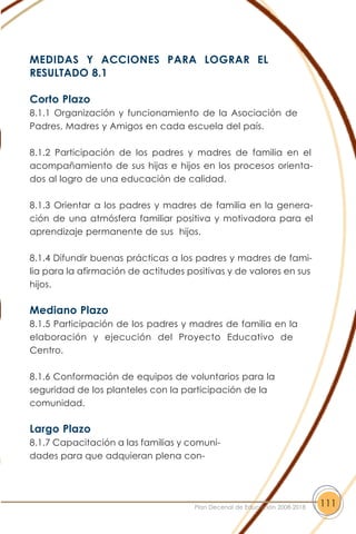 MEDIDAS Y ACCIONES PARA LOGRAR EL
RESULTADO 8.1
Corto Plazo
8.1.1 Organización y funcionamiento de la Asociación de
Padres, Madres y Amigos en cada escuela del país.
8.1.2 Participación de los padres y madres de familia en el
acompañamiento de sus hijas e hijos en los procesos orienta-
dos al logro de una educación de calidad.
8.1.3 Orientar a los padres y madres de familia en la genera-
ción de una atmósfera familiar positiva y motivadora para el
aprendizaje permanente de sus hijos.
8.1.4 Difundir buenas prácticas a los padres y madres de fami-
lia para la afirmación de actitudes positivas y de valores en sus
hijos.
Mediano Plazo
8.1.5 Participación de los padres y madres de familia en la
elaboración y ejecución del Proyecto Educativo de
Centro.
8.1.6 Conformación de equipos de voluntarios para la
seguridad de los planteles con la participación de la
comunidad.
Largo Plazo
8.1.7 Capacitación a las familias y comuni-
dades para que adquieran plena con-
111Plan Decenal de Educación 2008-2018
 