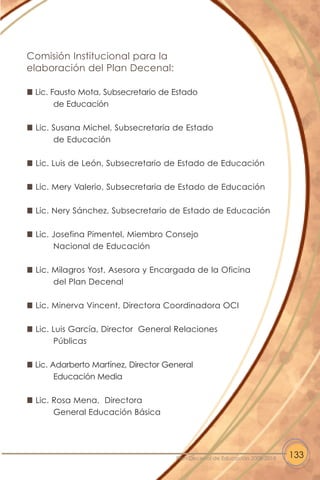 Comisión Institucional para la
elaboración del Plan Decenal:
Lic. Fausto Mota, Subsecretario de Estado
de Educación
Lic. Susana Michel, Subsecretaria de Estado
de Educación
Lic. Luis de León, Subsecretario de Estado de Educación
Lic. Mery Valerio, Subsecretaria de Estado de Educación
Lic. Nery Sánchez, Subsecretario de Estado de Educación
Lic. Josefina Pimentel, Miembro Consejo
Nacional de Educación
Lic. Milagros Yost, Asesora y Encargada de la Oficina
del Plan Decenal
Lic. Minerva Vincent, Directora Coordinadora OCI
Lic. Luis García, Director General Relaciones
Públicas
Lic. Adarberto Martínez, Director General
Educación Media
Lic. Rosa Mena, Directora
General Educación Básica
133Plan Decenal de Educación 2008-2018
 