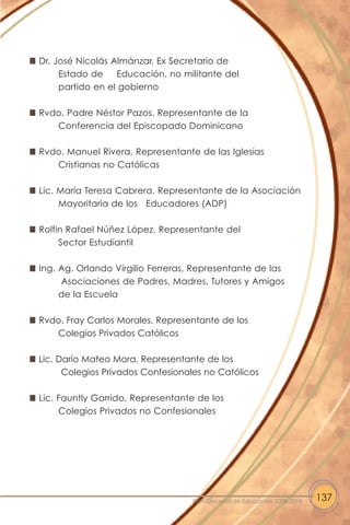 Dr. José Nicolás Almánzar, Ex Secretario de
Estado de Educación, no militante del
partido en el gobierno
Rvdo. Padre Néstor Pazos, Representante de la
Conferencia del Episcopado Dominicano
Rvdo. Manuel Rivera, Representante de las Iglesias
Cristianas no Católicas
Lic. María Teresa Cabrera, Representante de la Asociación
Mayoritaria de los Educadores (ADP)
Rolfin Rafael Núñez López, Representante del
Sector Estudiantil
Ing. Ag. Orlando Virgilio Ferreras, Representante de las
Asociaciones de Padres, Madres, Tutores y Amigos
de la Escuela
Rvdo. Fray Carlos Morales, Representante de los
Colegios Privados Católicos
Lic. Darío Mateo Mora, Representante de los
Colegios Privados Confesionales no Católicos
Lic. Fauntly Garrido, Representante de los
Colegios Privados no Confesionales
137Plan Decenal de Educación 2008-2018
 