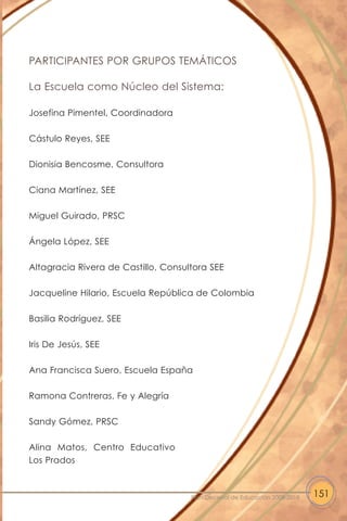 PARTICIPANTES POR GRUPOS TEMÁTICOS
La Escuela como Núcleo del Sistema:
Josefina Pimentel, Coordinadora
Cástulo Reyes, SEE
Dionisia Bencosme, Consultora
Ciana Martínez, SEE
Miguel Guirado, PRSC
Ángela López, SEE
Altagracia Rivera de Castillo, Consultora SEE
Jacqueline Hilario, Escuela República de Colombia
Basilia Rodríguez, SEE
Iris De Jesús, SEE
Ana Francisca Suero, Escuela España
Ramona Contreras, Fe y Alegría
Sandy Gómez, PRSC
Alina Matos, Centro Educativo
Los Prados
151Plan Decenal de Educación 2008-2018
 