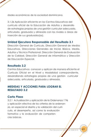 dades económicas de la sociedad dominicana.
3.1.26 Aplicación eficiente en los Centros Educativos del
currículo oficial de la Educación de Adultos y desarrollo
de estrategias propias de una gestión curricular adecuada,
articulada, graduada y alineada con los niveles o áreas de
inserción de sus graduados(as).
Unidad Ejecutora Responsable del Resultado 3.1
Dirección General de Currículo, Dirección General de Medios
Educativos, Direcciones Generales de Inicial, Básica, Media,
Adultos y Técnico Profesional, Dirección General de Evaluación
de la Calidad, Dirección General de Informática y Dirección
de Educación Especial.
Resultado 3.2
Centros Educativos conocen y aplican de manera eficiente el
Currículo Oficial en el Nivel y Modalidad correspondiente,
desarrollando estrategias propias de una gestión curricular
adecuada, articulada, graduada y alineada.
MEDIDAS Y ACCIONES PARA LOGRAR EL
RESULTADO 3.2
Corto Plazo
3.2.1 Actualización y aplicación de la Ordenanza 1’96
y aplicación efectiva de los criterios de la ordenan-
za, en especial el diseño y la validación del currí-
culo, el desempeño, así como la evaluación
formativa y la evaluación de competen-
cias básicas.
63Plan Decenal de Educación 2008-2018
 
