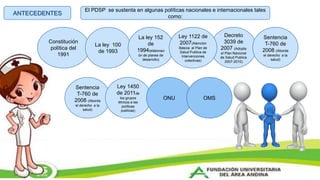ANTECEDENTES
El PDSP se sustenta en algunas políticas nacionales e internacionales tales
como:
Constitución
política del
1991
La ley 100
de 1993
La ley 152
de
1994(elaboraci
ón de planes de
desarrollo)
Decreto
3039 de
2007 (Adopta
el Plan Nacional
de Salud Publica
2007-2010)
Ley 1122 de
2007(Atención
Básica al Plan de
Salud Publica de
Intervenciones
colectivas)
Sentencia
T-760 de
2008 (Aborda
el derecho a la
salud)
Sentencia
T-760 de
2008 (Aborda
el derecho a la
salud)
Ley 1450
de 2011de
los grupos
étnicos a las
políticas
publicas)
ONU OMS
 