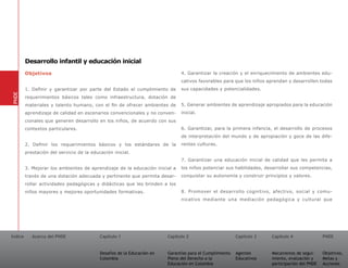 Desarrollo infantil y educación inicial
         Objetivos                                                             4. Garantizar la creación y el enriquecimiento de ambientes edu-
                                                                               cativos favorables para que los niños aprendan y desarrollen todas
         1. Definir y garantizar por parte del Estado el cumplimiento de       sus capacidades y potencialidades.
PNDE




         requerimientos básicos tales como infraestructura, dotación de
         materiales y talento humano, con el fin de ofrecer ambientes de       5. Generar ambientes de aprendizaje apropiados para la educación
         aprendizaje de calidad en escenarios convencionales y no conven-      inicial.
         cionales que generen desarrollo en los niños, de acuerdo con sus
         contextos particulares.                                               6. Garantizar, para la primera infancia, el desarrollo de procesos
                                                                               de interpretación del mundo y de apropiación y goce de las dife-
         2. Definir los requerimientos básicos y los estándares de la          rentes culturas.
         prestación del servicio de la educación inicial.
                                                                               7. Garantizar una educación inicial de calidad que les permita a
         3. Mejorar los ambientes de aprendizaje de la educación inicial a     los niños potenciar sus habilidades, desarrollar sus competencias,
         través de una dotación adecuada y pertinente que permita desar-       conquistar su autonomía y construir principios y valores.
         rollar actividades pedagógicas y didácticas que les brinden a los
         niños mayores y mejores oportunidades formativas.                     8. Promover el desarrollo cognitivo, afectivo, social y comu-
                                                                               nicativo mediante una mediación pedagógica y cultural que




Índice      Acerca del PNDE                Capítulo 1                    Capítulo 2                       Capítulo 3   Capítulo 4               PNDE


                                           Desafíos de la Educación en   Garantías para el Cumplimiento   Agentes      Mecanismos de segui-     Objetivos,
                                           Colombia                      Pleno del Derecho a la           Educativos   miento, evaluación y     Metas y
                                                                         Educación en Colombia                         participación del PNDE   Acciones
 