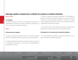 Liderazgo, gestión, transparencia y rendición de cuentas en el sistema educativo
         Macro metas                                                               3. Todas las instituciones educativas identifican sus necesidades de
                                                                                   formación y todas las secretarías educativas, de manera coordinada,
         1. Liderazgo                                                              cuentan con un plan de formación diseñado y en operación, en compe-
PNDE




         En el sistema educativo, al 2016, se ha incrementado porcentual y sig-    tencias específicas para todos los actores de la comunidad educativa,
         nificativamente la formación en gestión, liderazgo y participación, así   responsables de la gestión del sistema.
         como la construcción de políticas educativas.
                                                                                   4. En el 2010 el 100% de las instituciones educativas tiene planes de
         Metas                                                                     capacitación en gestión educativa para sus gobiernos escolares.


         Formación para la gestión                                                 Participación en la construcción de políticas públicas


         1. Todas las secretarías de educación cuentan con un plan de formación    1. Convertir las JUME y las JUDES en organismos asesores para el dis-
         basado en competencias para los actores de la comunidad educativa.        eño y la planeación de políticas educativas.


         2. Todas las instituciones educativas promueven proyectos de vida con
         sus estudiantes enmarcados en la autonomía, la responsabilidad, la
         creatividad y la iniciativa.




Índice      Acerca del PNDE                 Capítulo 1                      Capítulo 2                       Capítulo 3       Capítulo 4               PNDE


                                            Desafíos de la Educación en     Garantías para el Cumplimiento   Agentes          Mecanismos de segui-     Objetivos,
                                            Colombia                        Pleno del Derecho a la           Educativos       miento, evaluación y     Metas y
                                                                            Educación en Colombia                             participación del PNDE   Acciones
 