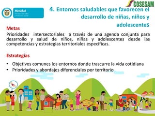 4. Entornos saludables que favorecen el
                                   desarrollo de niñas, niños y
                                                 adolescentes
Metas
Prioridades intersectoriales a través de una agenda conjunta para
desarrollo y salud de niños, niñas y adolescentes desde las
competencias y estrategias territoriales especificas.

Estrategias
• Objetivos comunes los entornos donde trascurre la vida cotidiana
• Prioridades y abordajes diferenciales por territorio
 
