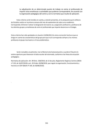 166
La adjudicación de un determinado puesto de trabajo no exime al profesorado de
impartir otras enseñanzas o actividades que pudieran corresponderle,de acuerdo con
la organización pedagógica del centro y con la normativa que resulte de aplicación.
Estos criteriosserántenidosencuenta,yestaránpresentes,enlapropuestaque laJefatura
de Estudios realice enlaprimerasemanadel mesde septiembre de cadacursoacadémico.
Corresponde al Directorrealizarladesignaciónde tutores-asyasignaciónprofesoresyprofesorasde
losdistintosgruposyenseñanzasde entre el profesoradoque impartedocenciaenel Colegio.
Estos criterioshansidoaprobadosenclaustro(13/06/2011) laúnica correcciónhechaesque se
tengaen cuentalascaracterísticas del grupopara que no le correspondasiempre alosmismos
profesoresel grupomasbuenooel mas problemático.
Seránrevisablesanualmente,traslaMemoriade Autoevaluaciónycuandoel Claustrolo
estime oportunoparafavorecerel éxitoescolardel alumnado,conforme alaslíneasde actuación
pedagógica.
Normativade aplicación:Art.89 Dcto. 328/2010, de 13 de julio,ReglamentoOrgánicoCentros(BOJA
nº 139, de 16/07/2010) y art. 20 Orden20/08/2010, que regulala organización,funcionamientoy
horariosenCEIP (BOJA nº 169, de 30/08/2010).
.
 