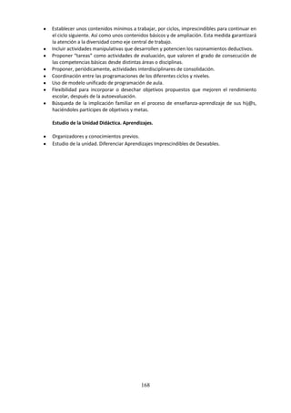 168
 Establecerunoscontenidosmínimosatrabajar,por ciclos,imprescindibles para continuar en
el ciclosiguiente.Asícomounoscontenidosbásicosyde ampliación.Estamedidagarantizará
la atención a la diversidad como eje central de trabajo.
 Incluiractividadesmanipulativasque desarrollenypotencien los razonamientos deductivos.
 Proponer“tareas”como actividadesde evaluación, que valoren el grado de consecución de
las competencias básicas desde distintas áreas o disciplinas.
 Proponer, periódicamente, actividades interdisciplinares de consolidación.
 Coordinación entre las programaciones de los diferentes ciclos y niveles.
 Uso de modelo unificado de programación de aula.
 Flexibilidad para incorporar o desechar objetivos propuestos que mejoren el rendimiento
escolar, después de la autoevaluación.
 Búsqueda de la implicación familiar en el proceso de enseñanza-aprendizaje de sus hij@s,
haciéndoles partícipes de objetivos y metas.
Estudio de la Unidad Didáctica. Aprendizajes.
 Organizadoresyconocimientosprevios.
 Estudiode la unidad.DiferenciarAprendizajesImprescindiblesde Deseables.
 