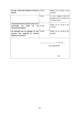 216
¿El viaje / visita está incluido en el Plan de
Centro?
SÍ / NO (Rodee con un círculo lo que
proceda)
Fecha: En caso negativo, fecha de
aprobación de la actividad por
el Consejo Escolar.
¿El alumnado menor de edad cuenta con la
autorización por escrito de sus
representantes legales?
SÍ / NO
(Rodee con un círculo lo que
proceda)
¿El alumnado que no participa en este
proyecto tiene asegurada su atención
educativa en el Centro?
SÍ / NO (Rodee con un círculo lo que
proceda)
_____________________, a _ de _ 20___
EL/LA DIRECTOR/A
Fdo:
 