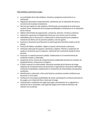 277
Vida cotidiana, autonomía y juego.
 Las actividades de la vida cotidiana. Iniciativa y progresiva autonomía en su
realización.
 Regulación del propio comportamiento, satisfacción por la realización de tareas y
conciencia de la propia competencia.
 Normas que regulan la vida cotidiana. Planificación secuenciada de la acción para
resolver tareas. Aceptación de las propias posibilidades y limitaciones en la realización
de las mismas.
 Hábitos elementales de organización, constancia, atención, iniciativa y esfuerzo.
 Valoración y gusto por el trabajo bien hecho por uno mismo y por los demás.
 Habilidades para la interacción y colaboración y actitud positiva para establecer
relaciones de afecto con las personas adultas y con los iguales.
 Acciones y situaciones que favorecen la salud y generan bienestar propio y de los
demás.
 Práctica de hábitos saludables: Higiene corporal, alimentación y descanso.
 Utilización adecuada de espacios, elementos y objetos. Petición y aceptación de
ayuda en situaciones que la requieran. Valoración de la actitud de ayuda de otras
persona.
 Gusto por un aspecto personal cuidado. Colaboración en el mantenimiento de
ambientes limpios y ordenados.
 Aceptación de las normas de comportamiento establecidas durante las comidas, los
desplazamientos, el descanso y la higiene.
 El dolor corporal y la enfermedad. Valoración ajustada de los factores de riesgo,
adopción de comportamientos de prevención y seguridad en situaciones habituales,
actitud de tranquilidad y colaboración en situaciones de enfermedad y de pequeños
accidentes.
 Identificación y valoración crítica ante factores y prácticas sociales cotidianas que
favorecen o no la salud.
 Confianza en las propias posibilidades de acción, participación y esfuerzo personal en
los juegos y en el ejercicio físico. Gusto por el juego.
 Comprensión y aceptación de reglas para jugar, participación en su regulación y
valoración de su necesidad, y del papel del juego como medio de disfrute y de
relación con los demás.
 