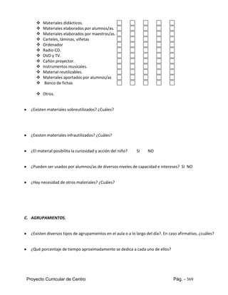Proyecto Curricular de Centro Pág. - 369
 Materiales didácticos.
 Materiales elaborados por alumnos/as.
 Materiales elaborados por maestros/as.
 Carteles, láminas, viñetas
 Ordenador
 Radio-CD.
 DVD y TV.
 Cañón proyector.
 Instrumentos musicales.
 Material reutilizables.
 Materiales aportados por alumnos/as
 Banco de fichas
 Otros.
 ¿Existen materiales sobreutilizados? ¿Cuáles?
 ¿Existen materiales infrautilizados? ¿Cuáles?
 ¿El material posibilita la curiosidad y acción del niño? SI NO
 ¿Pueden ser usados por alumnos/as de diversos niveles de capacidad e intereses? SI NO
 ¿Hay necesidad de otros materiales? ¿Cuáles?
C. AGRUPAMIENTOS.
 ¿Existen diversos tipos de agrupamientos en el aula o a lo largo del día?. En caso afirmativo, ¿cuáles?
 ¿Qué porcentaje de tiempo aproximadamente se dedica a cada uno de ellos?
 