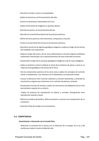 Proyecto Curricular de Centro Pág. - 409
- Describe el sonido y conoce sus propiedades.
- Explica la estructura y el funcionamiento del oído.
- Conoce los fenómenos relacionados con la luz.
- Explica la formación de imágenes en aparatos ópticos.
- Describe las partes y el funcionamiento del ojo.
- Describe las características básicas de los procesos químicos.
- Define términos químicos como elementos, compuestos y reacción.
- Conoce la conservación de la masa en los procesos químicos.
- Describe laacciónde losagentesgeológicosexógenosy explicael origende lasformas
del modelado más importantes.
- Explicael origendel sueloyde las rocas sedimentarias y enumera algunos problemas
ambientales relacionados con el aprovechamiento de estos materiales terrestres.
- Comprende el origende losprocesosgeológicosendógenosy de las rocas endógenas.
- Explica la dinámica cortical mediante la teoría de la tectónica de placas y sitúa en un
mapa las zonas geológicas más activas de la Tierra.
- Cita loscomponentesquímicosde losseresvivos y explica los conceptos de nutrición
celular y metabolismo, y los relaciona con la fotosíntesis y la respiración celular.
- Conoce la diferenciaentre nutrición autótrofa y nutrición heterótrofa, y entiende los
mecanismos y órganos que intervienen en la nutrición de plantas y animales.
- Comprende lafunciónde relaciónyexplicalosmecanismosde adaptaciónde losseres
pluricelulares respecto de su entorno.
- Explica los procesos de reproducción en plantas y animales, distinguiendo entre
reproducción asexual y sexual.
- Diferenciaecosferade biosfera,define ecosistemayenumera los componentes de un
ecosistema.
- Entiende el flujo de energía en los ecosistemas.
6.4. COMPETENCIAS
Conocimiento e interacción con el mundo físico
- Relacionar la evolución de la ciencia con la utilización de la energía, de la luz y del
sonido para mejorar nuestra calidad de vida.
 