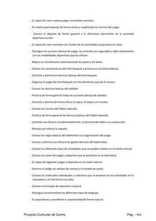 Proyecto Curricular de Centro Pág. - 444
- Es capaz de crear nuevos juegos recreativos sencillos.
- Se implica participando de forma activa y respetando las normas del juego.
- Conoce el deporte de forma general y lo diferencia claramente de la actividad
deportiva escolar.
- Es capaz de crear variantes con fluidez de las actividades propuestas en clase.
- Distingue lasaccionesbásicasde juego,lascontrolaconseguridadysabe relacionarlas
con las modalidades deportivas que las utilizan.
- Mejora su coordinación automatizando los pases y los botes.
- Conoce las características del mini básquet y practica sus acciones básicas.
- Controla y domina las técnicas básicas del mini básquet.
- Organiza el juego del mini básquet con los elementos que de él conoce.
- Conoce las técnicas básicas del voleibol.
- Practica de forma general todas las acciones básicas de voleibol.
- Controla y domina de forma eficaz el saque, el toque y el remate.
- Conoce las normas del fútbol reducido.
- Practica de forma general las técnicas básicas del fútbol reducido.
- Controla con eficacia, fundamentalmente, el dominio del balón y su conducción.
- Maneja con soltura la raqueta.
- Conoce las reglas básicas del bádminton y la organización del juego.
- Conoce y domina con eficacia los gestos técnicos del bádminton.
- Conoce losdiferentestiposde actividades que se puedenrealizarenel medio natural.
- Conoce las clases de juegos y deportes que se practican en la naturaleza.
- Es capaz de organizar juegos y deportes en el medio natural.
- Domina el código de señales de rastreo y el trazado de pistas.
- Conoce losmaterialesindividualesycolectivosque se empleanenlasactividadesenla
naturaleza y se familiariza con ellos.
- Conoce el concepto de expresión corporal.
- Distingue correctamente los diferentes tipos de lenguaje.
- Es espontáneo y manifiesta su expresividad de forma natural.
 