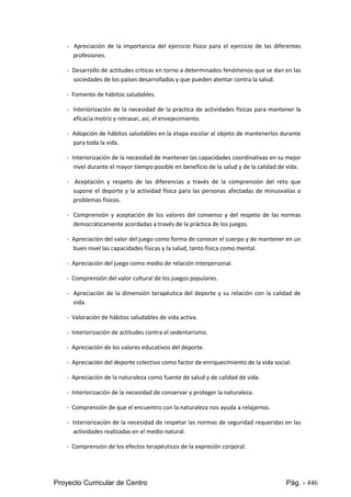 Proyecto Curricular de Centro Pág. - 446
- Apreciación de la importancia del ejercicio físico para el ejercicio de las diferentes
profesiones.
- Desarrollode actitudescríticasentorno a determinadosfenómenos que se dan en las
sociedades de los países desarrollados y que pueden atentar contra la salud.
- Fomento de hábitos saludables.
- Interiorización de la necesidad de la práctica de actividades físicas para mantener la
eficacia motriz y retrasar, así, el envejecimiento.
- Adopciónde hábitossaludablesenlaetapa escolar al objeto de mantenerlos durante
para toda la vida.
- Interiorizaciónde lanecesidadde mantenerlascapacidadescoordinativasensumejor
nivel durante el mayortiempoposibleenbeneficiode lasalud y de la calidad de vida.
- Aceptación y respeto de las diferencias a través de la comprensión del reto que
supone el deporte y la actividad física para las personas afectadas de minusvalías o
problemas físicos.
- Comprensión y aceptación de los valores del consenso y del respeto de las normas
democráticamente acordadas a través de la práctica de los juegos.
- Apreciacióndel valordel juegocomoformade conocerel cuerpoy de manteneren un
buen nivel las capacidades físicas y la salud, tanto física como mental.
- Apreciación del juego como medio de relación interpersonal.
- Comprensión del valor cultural de los juegos populares.
- Apreciación de la dimensión terapéutica del deporte y su relación con la calidad de
vida.
- Valoración de hábitos saludables de vida activa.
- Interiorización de actitudes contra el sedentarismo.
- Apreciación de los valores educativos del deporte.
- Apreciación del deporte colectivo como factor de enriquecimiento de la vida social.
- Apreciación de la naturaleza como fuente de salud y de calidad de vida.
- Interiorización de la necesidad de conservar y proteger la naturaleza.
- Comprensión de que el encuentro con la naturaleza nos ayuda a relajarnos.
- Interiorizaciónde lanecesidadde respetar las normas de seguridad requeridas en las
actividades realizadas en el medio natural.
- Comprensión de los efectos terapéuticos de la expresión corporal.
 