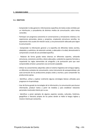 Proyecto Curricular de Centro Pág. - 496
5. SEGUNDO CURSO
5.1. OBJETIVOS
- Comprenderlaideageneral e informacionesespecíficasde textos orales emitidos por
un interlocutor, o procedentes de distintos medios de comunicación, sobre temas
conocidos.
- Participar con progresiva autonomía en conversaciones y simulaciones relativas a las
experiencias personales, planes y proyectos, empleando estructuras sencillas, las
expresionesmásusualesde relaciónsocial,yuna pronunciación adecuada para lograr
la comunicación.
- Comprender la información general y la específica de diferentes textos escritos,
adaptadosy auténticos,de extensiónvariada,y adecuados a la edad, demostrando la
comprensión a través de una actividad específica.
- Redactar de forma guiada textos diversos en diferentes soportes, utilizando
estructuras,conectoressencillosyléxicoadecuados,cuidandolosaspectosformales y
respetando las reglas elementales de ortografía y de puntuación para que sean
comprensibles al lector y presenten una corrección aceptable.
- Utilizarlosconocimientosadquiridossobre el sistema lingüístico de la lengua inglesa,
endiferentescontextosde comunicación,comoinstrumentode autoaprendizaje y de
auto-corrección de las producciones propias orales y escritas y para comprender las
producciones ajenas.
- Identificar, utilizar y explicar oralmente algunas estrategias básicas utilizadas para
progresar en el aprendizaje.
- Usar de formaguiada las tecnologías de la información y la comunicación para buscar
información, producir textos a partir de modelos y para establecer relaciones
personales mostrando interés por su uso.
- Identificar y poner ejemplos de algunos aspectos sociales, culturales, históricos,
geográficos o literarios propios de los países donde se habla la lengua inglesa y
mostrar interés por conocerlos.
 