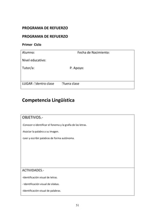 51
PROGRAMA DE REFUERZO
PROGRAMA DE REFUERZO
Primer Ciclo
Alumno: Fecha de Nacimiento:
Nivel educativo:
Tutor/a: P. Apoyo:
LUGAR : ⁭ dentro clase ⁭ fuera clase
Competencia Lingüística
OBJETIVOS.-
-Conocer e identificar el fonema y la grafía de las letras.
-Asociar la palabra a su imagen.
-Leer y escribir palabras de forma autónoma.
ACTIVIDADES.-
-Identificación visual de letras.
- Identificación visual de silabas.
-Identificación visual de palabras.
 