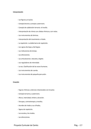 Proyecto Curricular de Centro Pág. - 527
Interpretación
- Las figuras y el pulso.
- Compás binario y compás cuaternario.
- Compás de subdivisión ternaria: el tresillo.
- Interpretación de ritmos con sílabas rítmicas y con notas.
- Los instrumentos de láminas.
- Interpretación del movimiento: el baile.
- La repetición. La doble barra de repetición.
- Los signos Da Capo y Dal Segno.
- Las indicaciones de tempo.
- Las alteraciones.
- Las articulaciones: staccato y legato.
- Los reguladores de intensidad.
- La voz. Clasificación de las voces humanas.
- Los instrumentos de cuerda.
- Los instrumentos de pequeña percusión.
Creación
- Figuras rítmicas y silencios relacionados con el pulso.
- Compás ternario y cuaternario.
- Altura, intensidad, timbre y duración.
- Síncopas, contratiempos y tresillos.
- Acordes de tríada y sus cifrados.
- Signos de repetición.
- Las escalas y los modos.
- Las alteraciones.
 